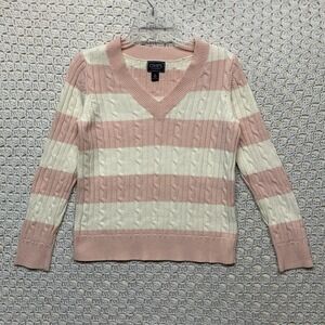 Chaps Knit Sweater Women Sz M 100%Cotton Cream.white Striped V.Neck Classics